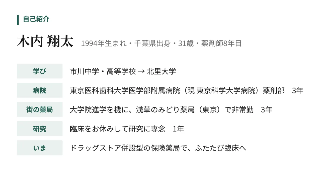 自己紹介　木内 翔太　1994年生まれ・千葉県出身・31歳・薬剤師8年目　学び　市川中学・高等学校 → 北里大学　病院　東京医科歯科大学医学部附属病院（現 東京科学大学病院）薬剤部　3年　街の薬局　大学院進学を機に、浅草のみどり薬局（東京）で非常勤　3年　研究　臨床をお休みして研究に専念　1年　いま　ドラッグストア併設型の保険薬局で、ふたたび臨床へ